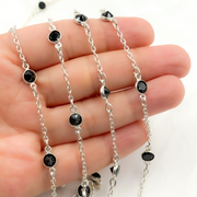 Black Spinel Round Shape Bezel 925 Sterling Silver Connected Wire Chain